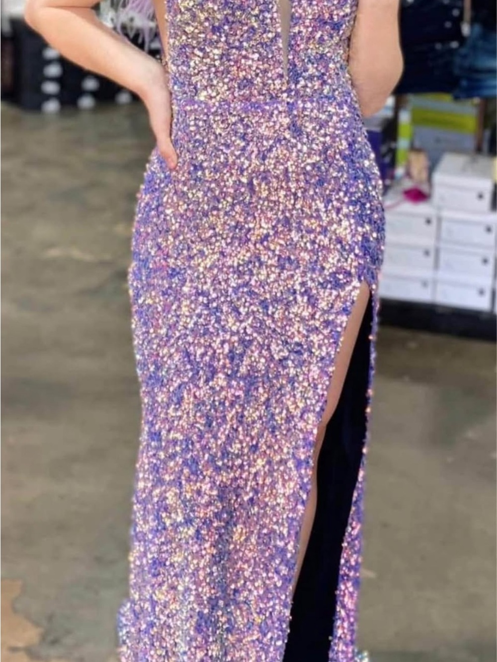 Sparkling Lavender Sequin Gown with Side Slit - Women Dresses